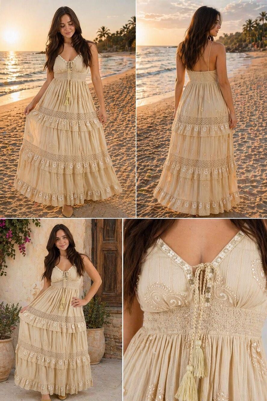 Warm Beige Boho Maxi Dress | Embroidered Tiered Vacation Flowy Coastal Bohemian - Picture 4 of 4